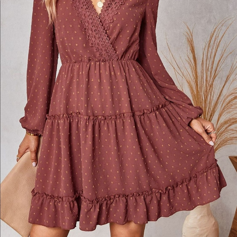 Swiss Dot Lace Trim Surplice Tiered Dress